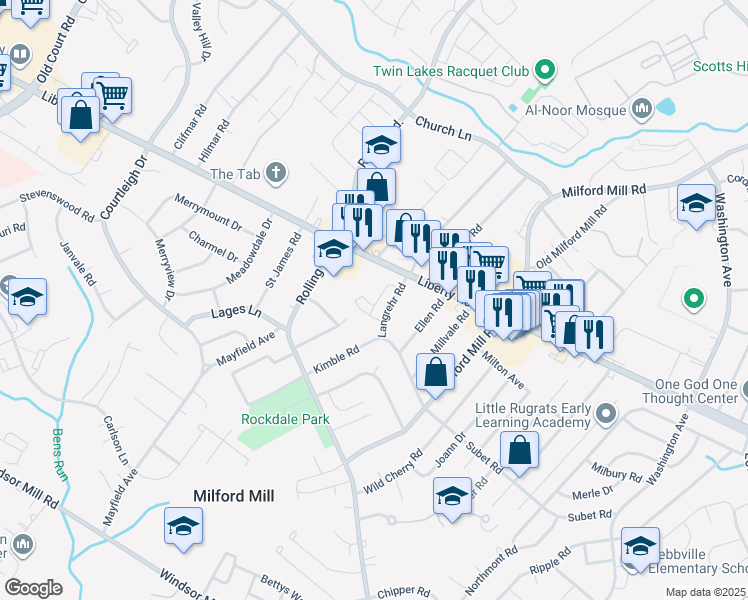 map of restaurants, bars, coffee shops, grocery stores, and more near 3516 Langrehr Road in Milford Mill