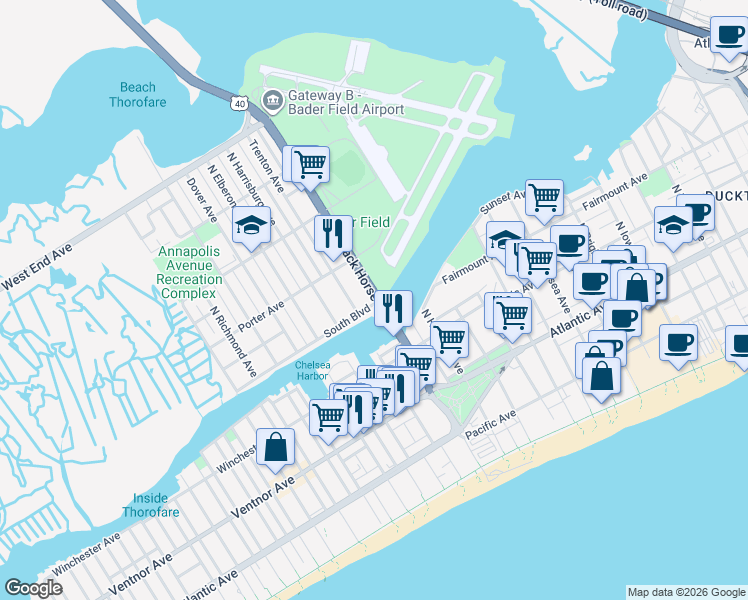map of restaurants, bars, coffee shops, grocery stores, and more near 210 North Albany Avenue in Atlantic City