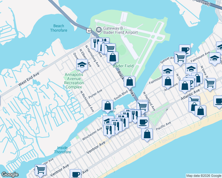 map of restaurants, bars, coffee shops, grocery stores, and more near 320 North Harrisburg Avenue in Atlantic City