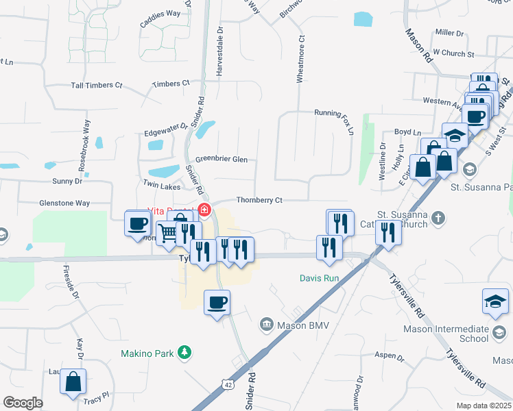 map of restaurants, bars, coffee shops, grocery stores, and more near 6221 Thornberry Court in Mason