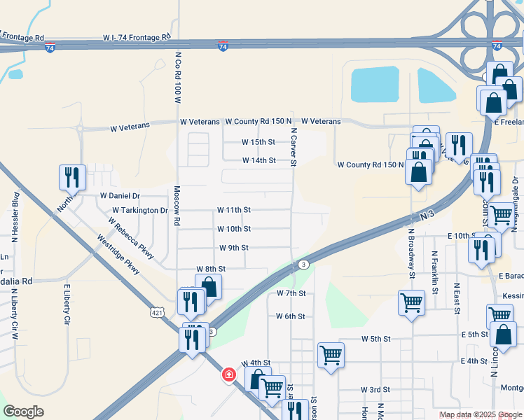 map of restaurants, bars, coffee shops, grocery stores, and more near 723 West 11th Street in Greensburg
