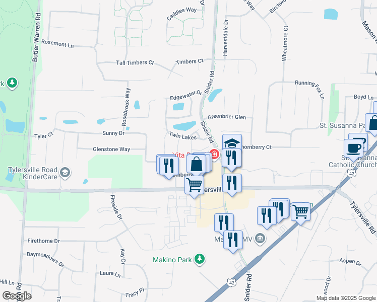 map of restaurants, bars, coffee shops, grocery stores, and more near 5835 Southwater Drive in Mason