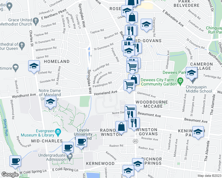 map of restaurants, bars, coffee shops, grocery stores, and more near 6 Southfield Place in Baltimore