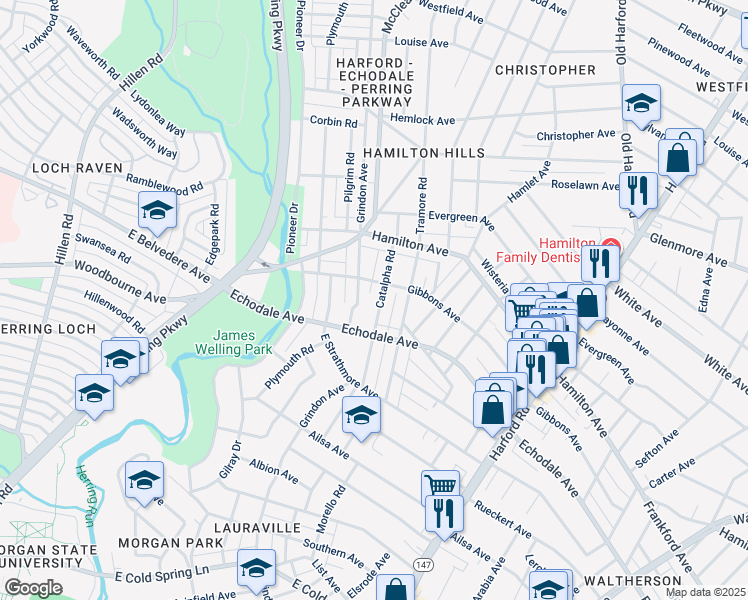 map of restaurants, bars, coffee shops, grocery stores, and more near 5316 Catalpha Road in Baltimore
