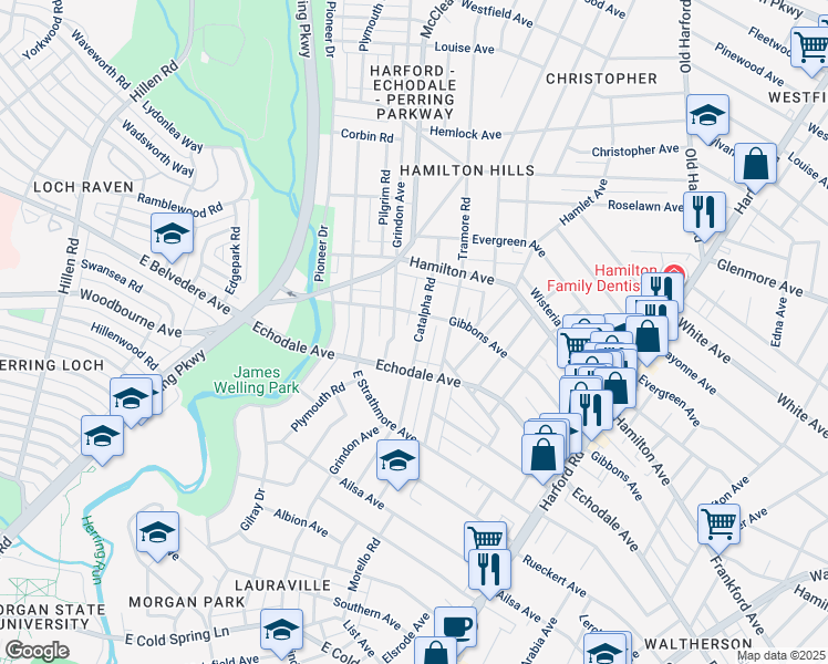 map of restaurants, bars, coffee shops, grocery stores, and more near 5316 Catalpha Road in Baltimore