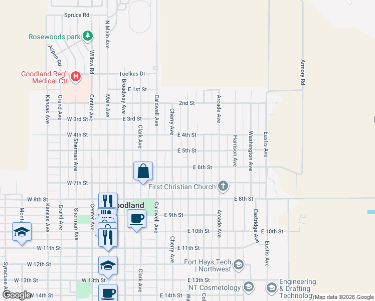 map of restaurants, bars, coffee shops, grocery stores, and more near 599 East 5th Street in Goodland