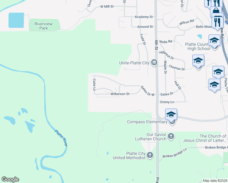 map of restaurants, bars, coffee shops, grocery stores, and more near 1862 Century Hill in Platte City