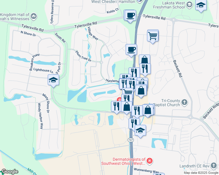 map of restaurants, bars, coffee shops, grocery stores, and more near 4668 Lakes Edge in Butler County