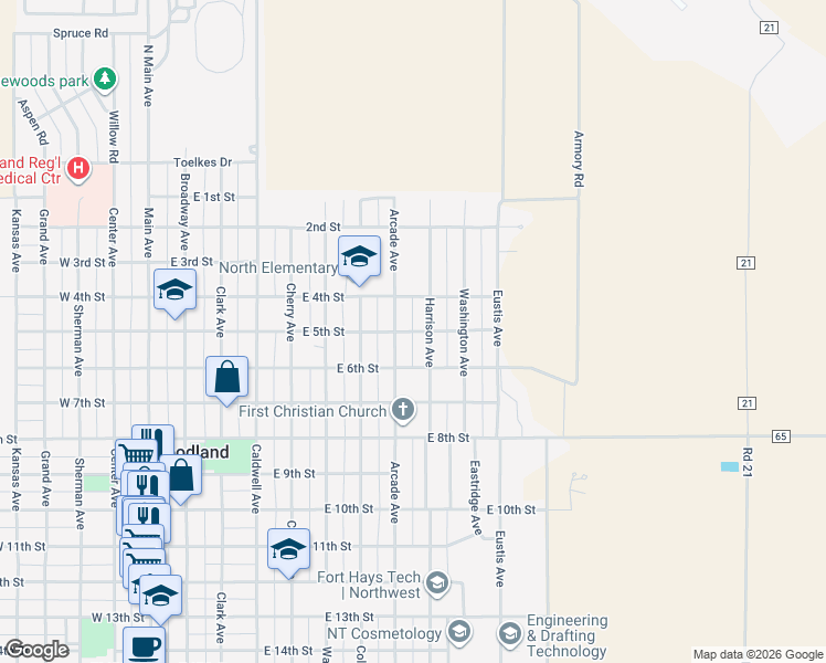 map of restaurants, bars, coffee shops, grocery stores, and more near 851 East 5th Street in Goodland