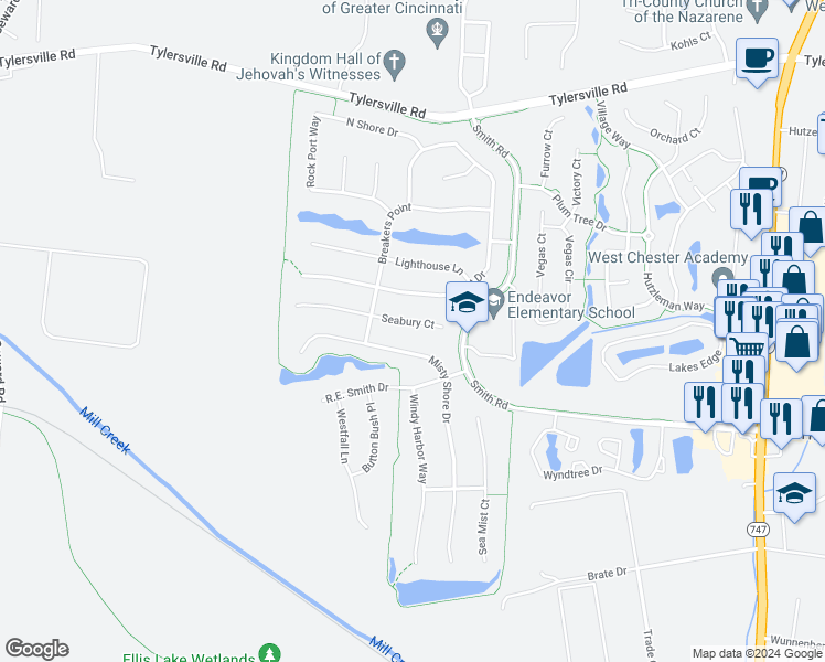 map of restaurants, bars, coffee shops, grocery stores, and more near 8013 Seabury Court in Butler County