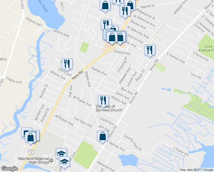 map of restaurants, bars, coffee shops, grocery stores, and more near 201 Davis Avenue in Linwood