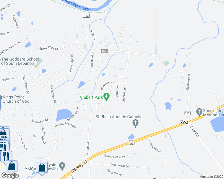 map of restaurants, bars, coffee shops, grocery stores, and more near 5540 Weatherly Drive in South Lebanon