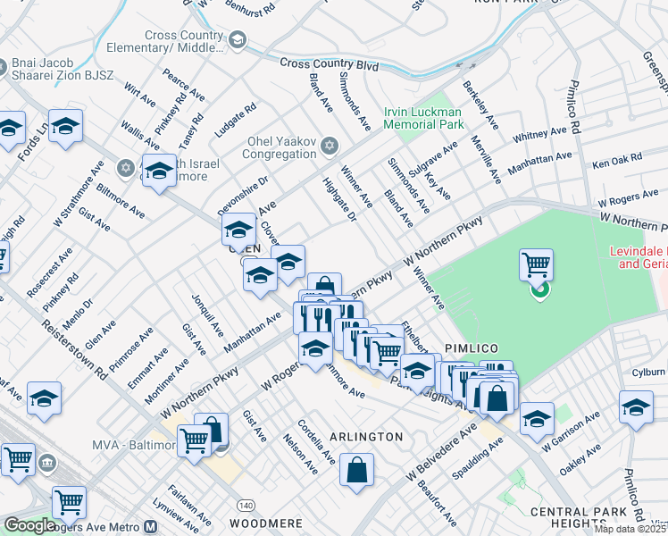 map of restaurants, bars, coffee shops, grocery stores, and more near 3500 West Northern Parkway in Baltimore