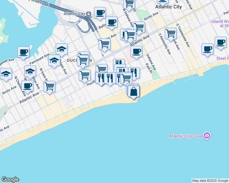 map of restaurants, bars, coffee shops, grocery stores, and more near 2218 Boardwalk in Atlantic City