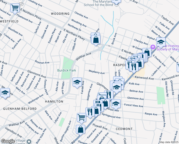 map of restaurants, bars, coffee shops, grocery stores, and more near 3805 Mayberry Avenue in Baltimore