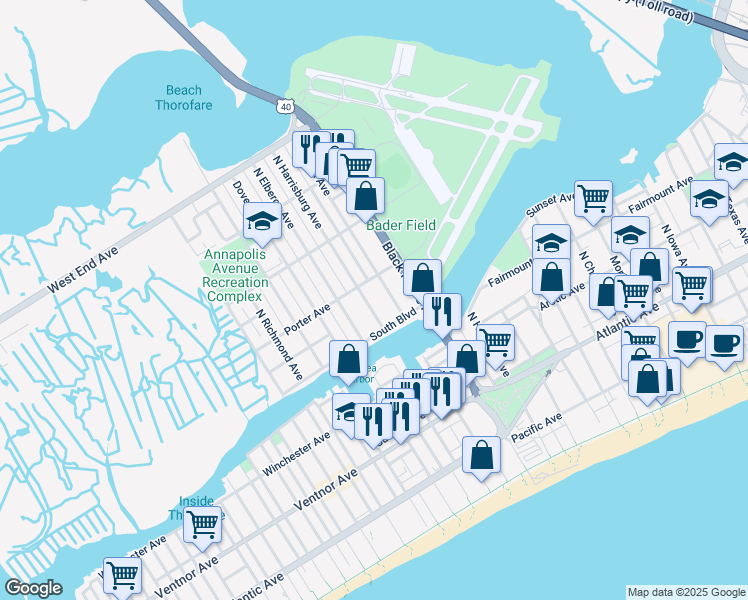 map of restaurants, bars, coffee shops, grocery stores, and more near 320 North Harrisburg Avenue in Atlantic City