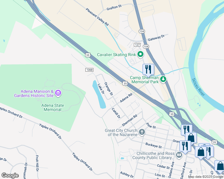 map of restaurants, bars, coffee shops, grocery stores, and more near 5 Neenah Road in Chillicothe