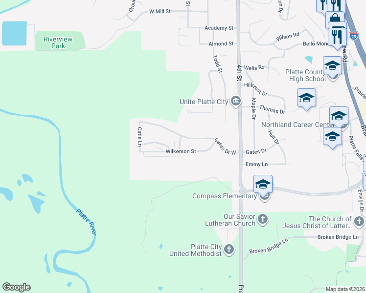 map of restaurants, bars, coffee shops, grocery stores, and more near 1859 Gates Avenue in Platte City