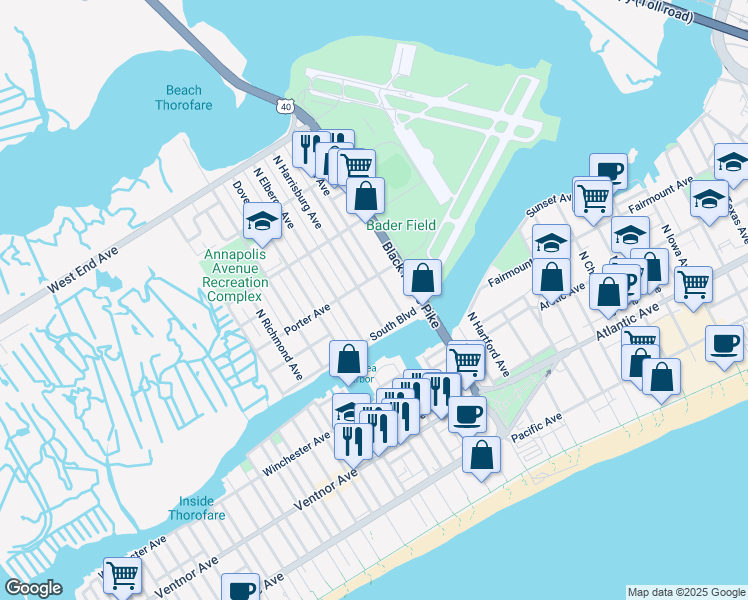 map of restaurants, bars, coffee shops, grocery stores, and more near 320 North Harrisburg Avenue in Atlantic City