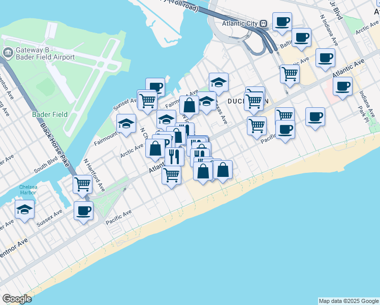 map of restaurants, bars, coffee shops, grocery stores, and more near 1 South Brighton Avenue in Atlantic City