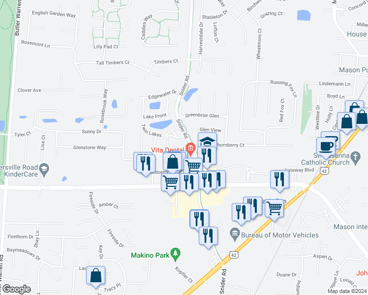 map of restaurants, bars, coffee shops, grocery stores, and more near 6241 Lake Springs in Mason