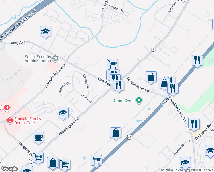 map of restaurants, bars, coffee shops, grocery stores, and more near 5 Talister Court in Rosedale
