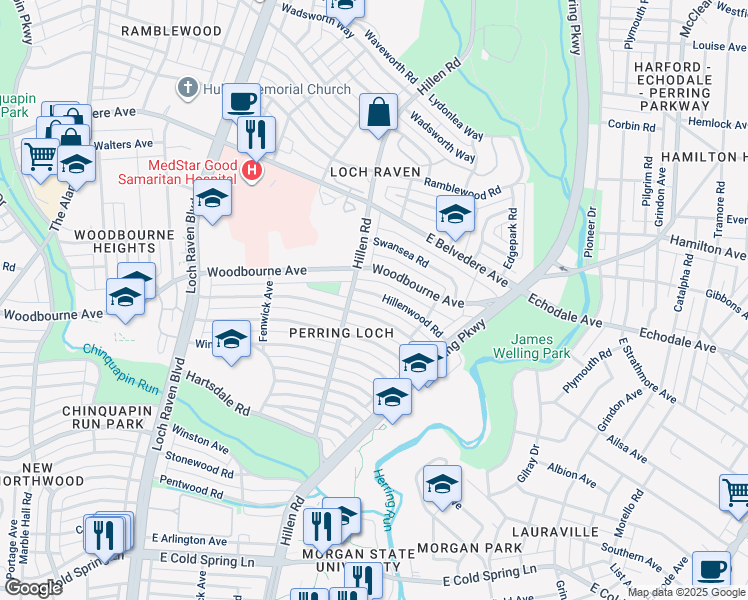 map of restaurants, bars, coffee shops, grocery stores, and more near 1809 Hillenwood Road in Baltimore