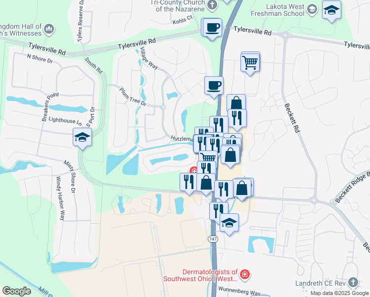 map of restaurants, bars, coffee shops, grocery stores, and more near 4700 Lakes Edge in Butler County