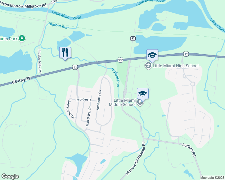 map of restaurants, bars, coffee shops, grocery stores, and more near 5614 Appaloosa Circle in Morrow