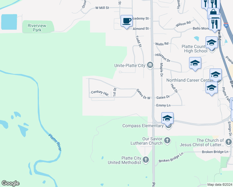 map of restaurants, bars, coffee shops, grocery stores, and more near 1815 1st Street in Platte City