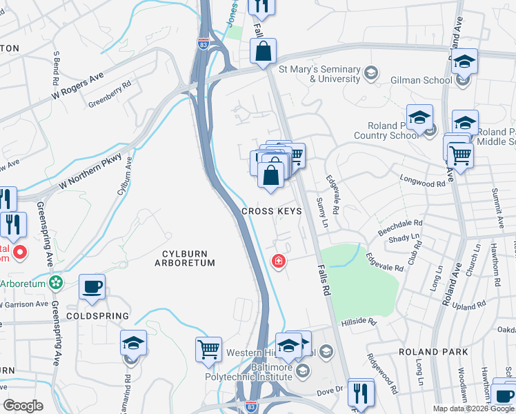 map of restaurants, bars, coffee shops, grocery stores, and more near 237 Village Square in Baltimore