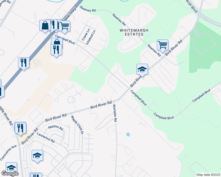 map of restaurants, bars, coffee shops, grocery stores, and more near 19 Macintosh Court in Middle River