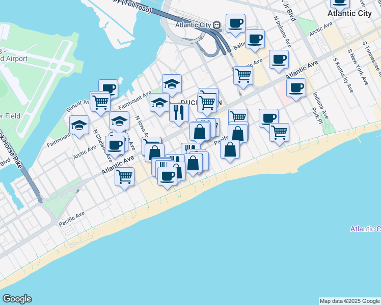 map of restaurants, bars, coffee shops, grocery stores, and more near 106 South Texas Avenue in Atlantic City