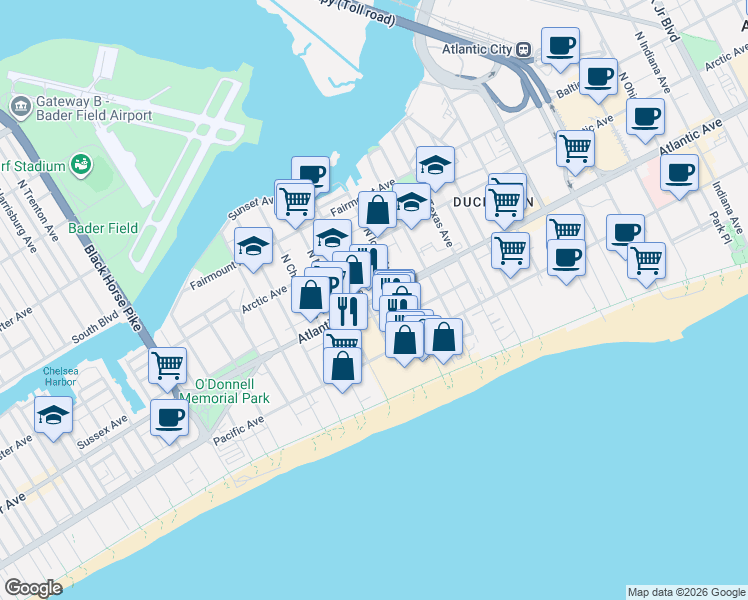 map of restaurants, bars, coffee shops, grocery stores, and more near 1 South Brighton Avenue in Atlantic City
