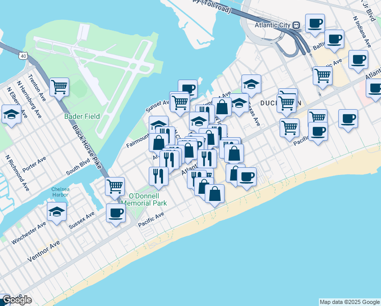 map of restaurants, bars, coffee shops, grocery stores, and more near 3101 Atlantic Avenue in Atlantic City