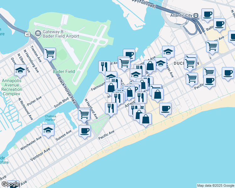 map of restaurants, bars, coffee shops, grocery stores, and more near 15 North Sovereign Avenue in Atlantic City