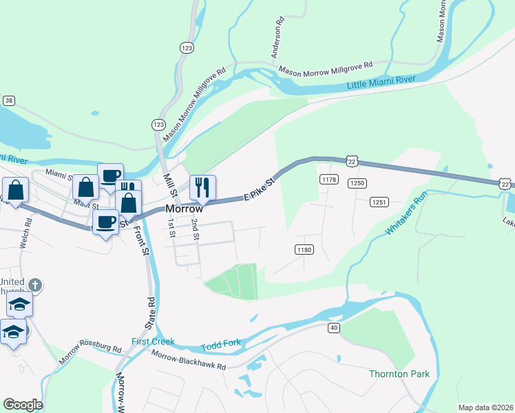map of restaurants, bars, coffee shops, grocery stores, and more near 159 Overlook Drive in Morrow