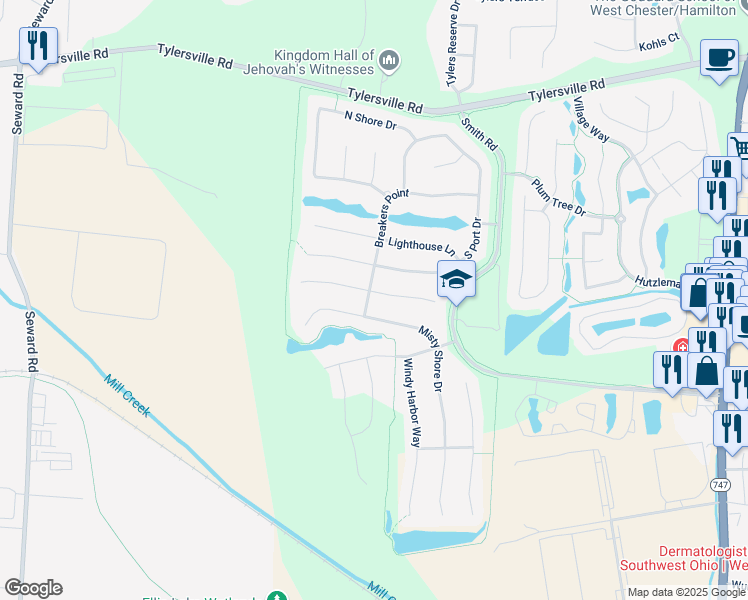 map of restaurants, bars, coffee shops, grocery stores, and more near 7935 Misty Shore Drive in Butler County