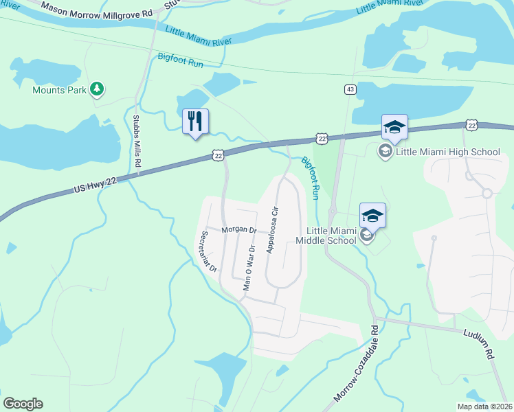 map of restaurants, bars, coffee shops, grocery stores, and more near 5209 Man O War Drive in Morrow