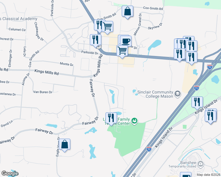 map of restaurants, bars, coffee shops, grocery stores, and more near 5809 Falling Brook Drive in Mason