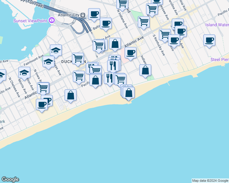 map of restaurants, bars, coffee shops, grocery stores, and more near Boardwalk in Atlantic City