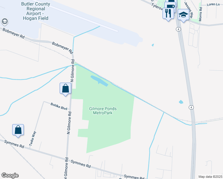 map of restaurants, bars, coffee shops, grocery stores, and more near 7950 North Gilmore Road in Hamilton