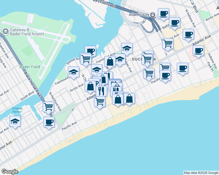 map of restaurants, bars, coffee shops, grocery stores, and more near 1 South Brighton Avenue in Atlantic City