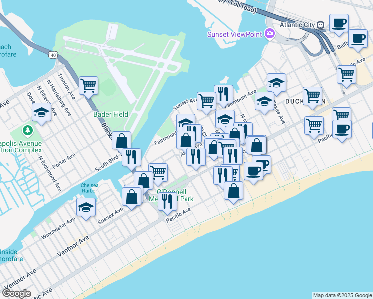 map of restaurants, bars, coffee shops, grocery stores, and more near 111 North Sovereign Avenue in Atlantic City