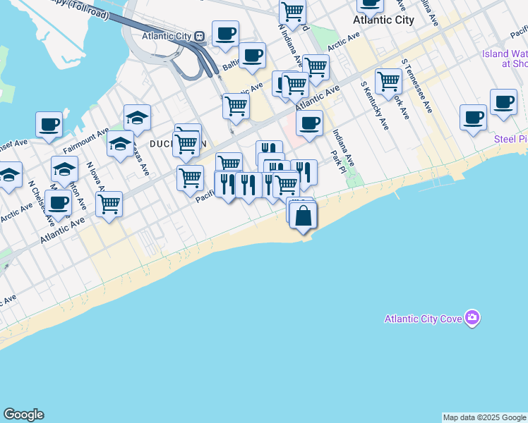 map of restaurants, bars, coffee shops, grocery stores, and more near 2200-2218 Boardwalk in Atlantic City