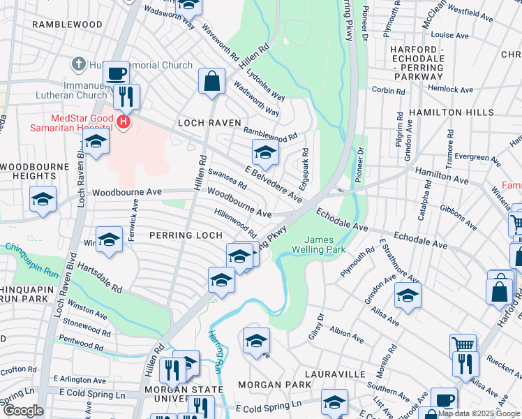 map of restaurants, bars, coffee shops, grocery stores, and more near 2025 Swansea Road in Baltimore