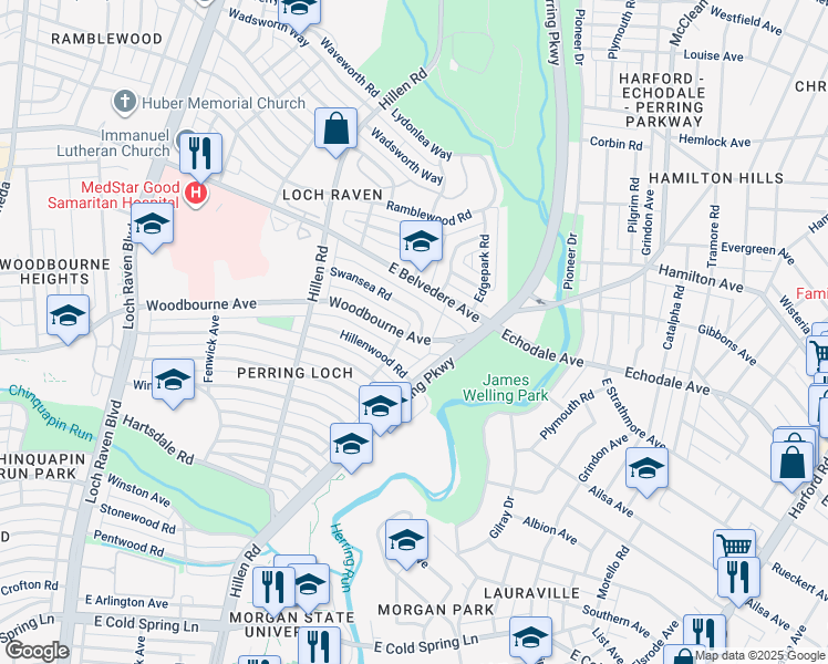 map of restaurants, bars, coffee shops, grocery stores, and more near 2025 Swansea Road in Baltimore