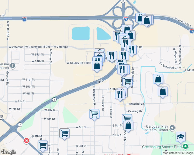 map of restaurants, bars, coffee shops, grocery stores, and more near 1801 North Greensburg Crossing in Greensburg