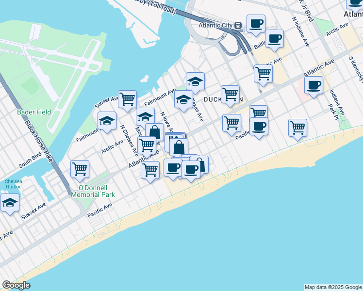 map of restaurants, bars, coffee shops, grocery stores, and more near 37 South Iowa Avenue in Atlantic City