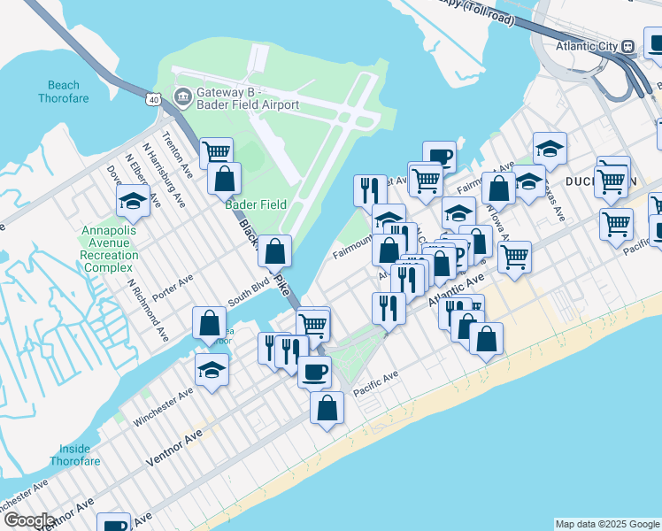 map of restaurants, bars, coffee shops, grocery stores, and more near 3300 Fairmount Avenue in Atlantic City